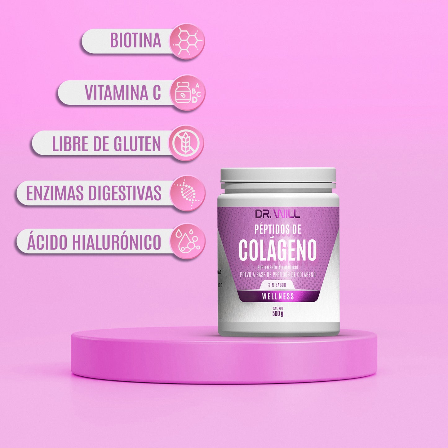 Péptidos de Colágeno Hidrolizado + Ácido Hialurónico + Biotina en polvo 500 g