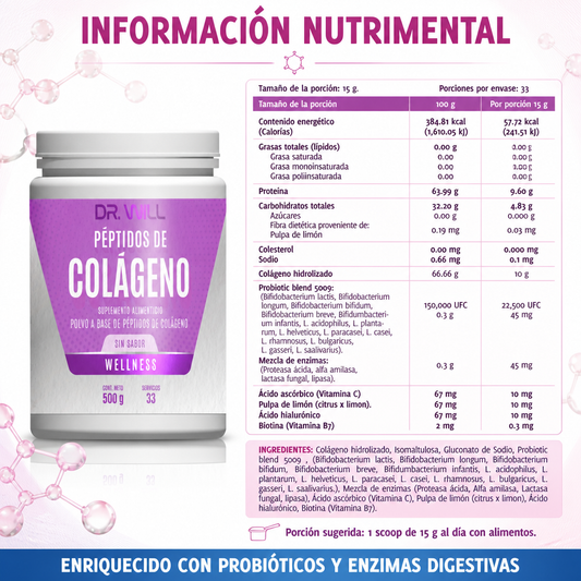 Péptidos de Colágeno Hidrolizado + Ácido Hialurónico + Biotina en polvo 500 g
